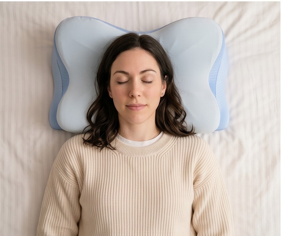 Woman resting on the Derila contour pillow in a warm bedroom